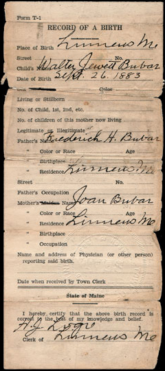 Birth cerificate for Walter Jewett Bubar dated September 26, 1883